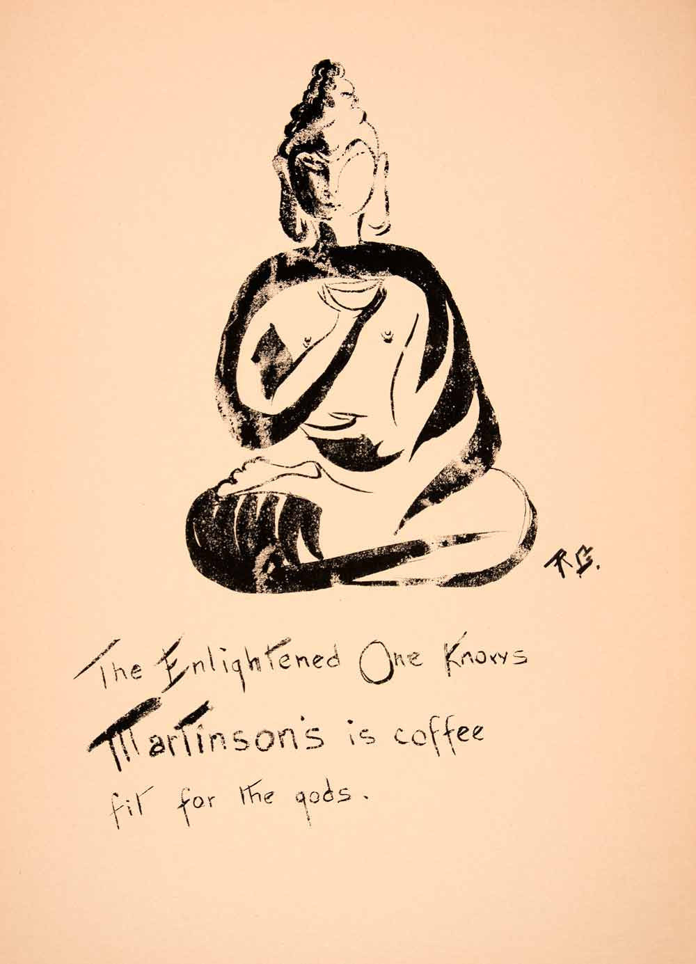 1953 Lithograph Ruth Guinzburg Art Martinson Coffee Enlightened Buddha AEFA1 - Period Paper
