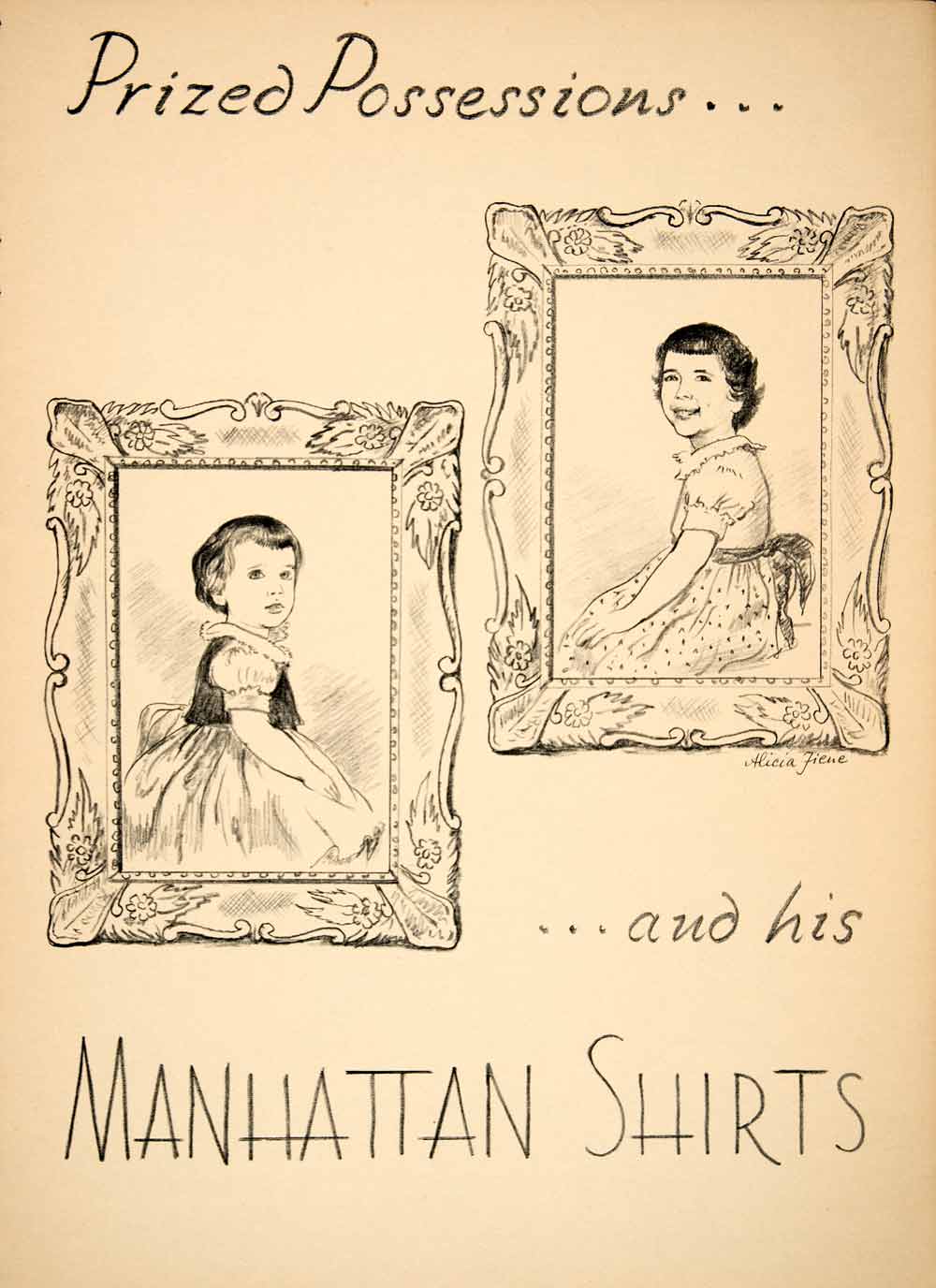 1953 Lithograph Alicia Fiene Art Daughters Frame Manhattan Shirts Fashion AEFA1