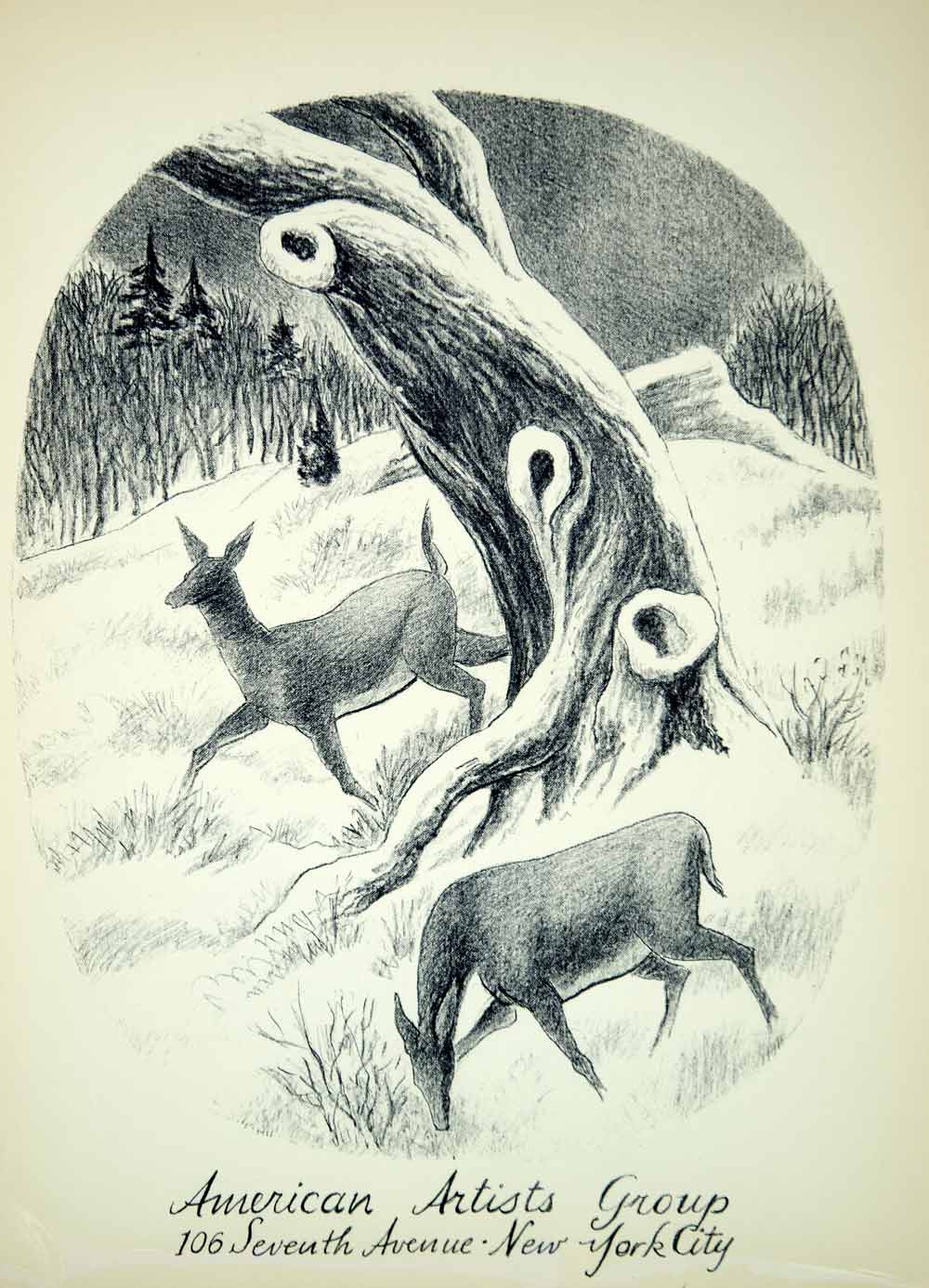 1954 Lithograph American Artists Group New York City White Tail Deer Tree AEFA2