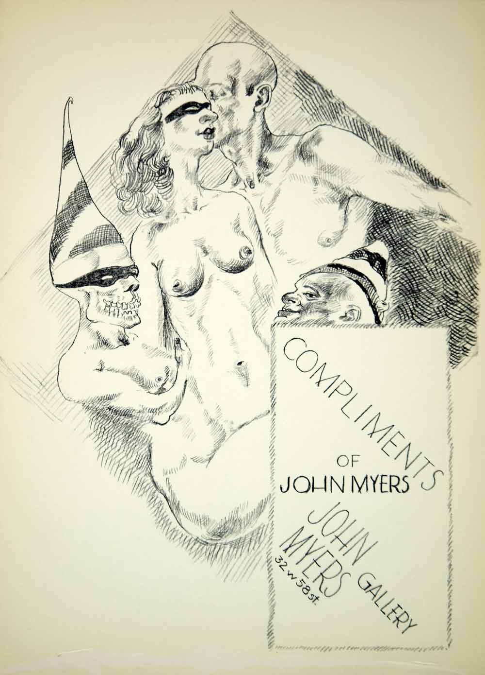 1954 Lithograph John Myers Art Gallery Nudes Masquerade Skeleton Mask NYC AEFA2