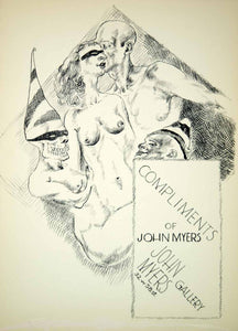 1954 Lithograph John Myers Art Gallery Nudes Masquerade Skeleton Mask NYC AEFA2