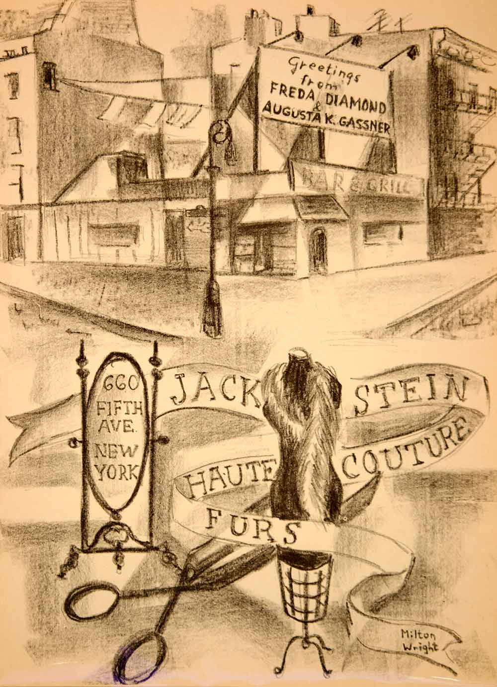 1954 Lithograph Milton Wright Jack Stein Haute Couture Furs 5th Avenue NYC AEFA2