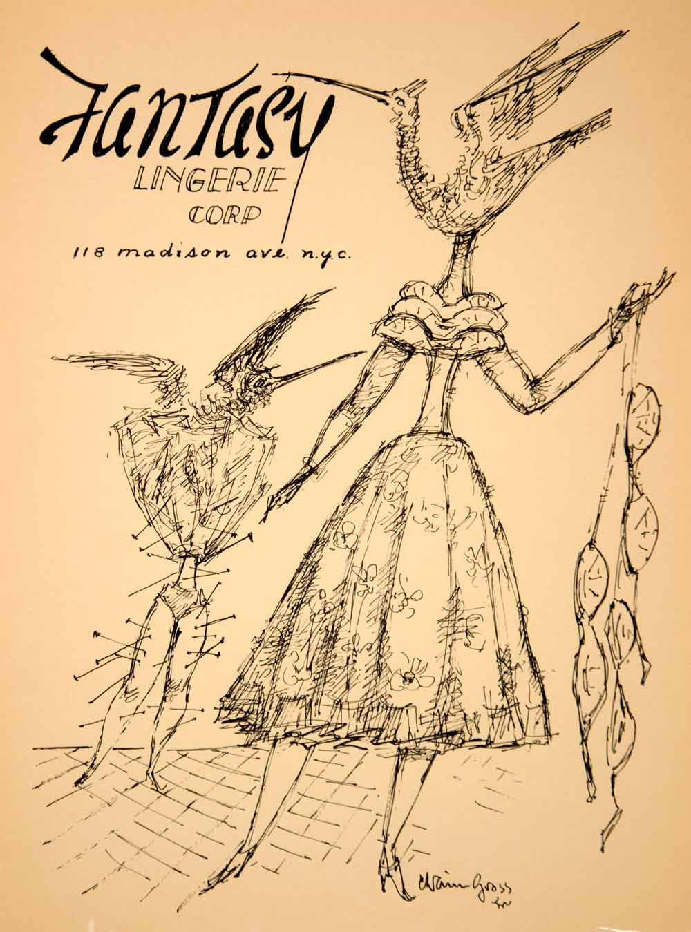 1954 Lithograph Chaim Gross Art Fantasy Lingerie Bra Fashion New York City AEFA2