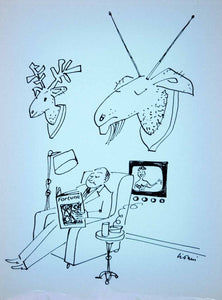 1954 Lithograph Leo Leonni Art Fortune Magazine Deer Moose Head TV Antenna AEFA2