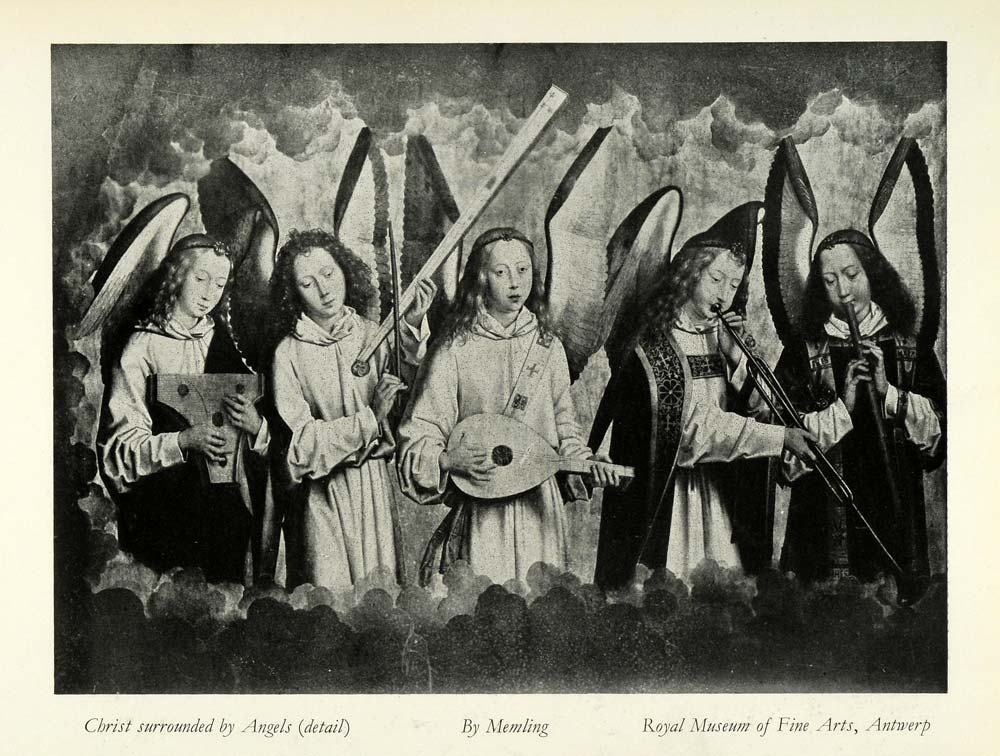 1932 Print Hans Memling Angels Music Instruments Lute Psaltery Trumpet AFC1