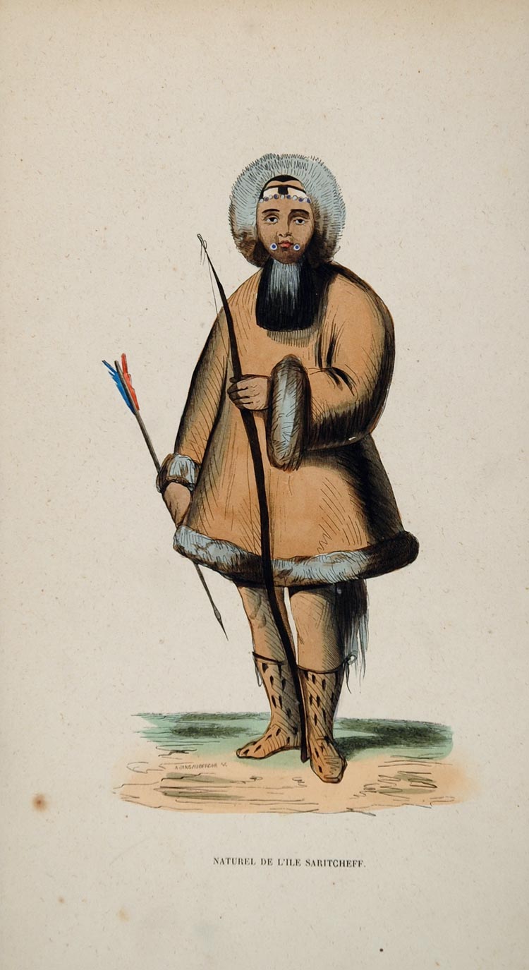 1843 Print Ethnic Costume Eskimo Archer Bow Saritcheff - ORIGINAL AFCOST