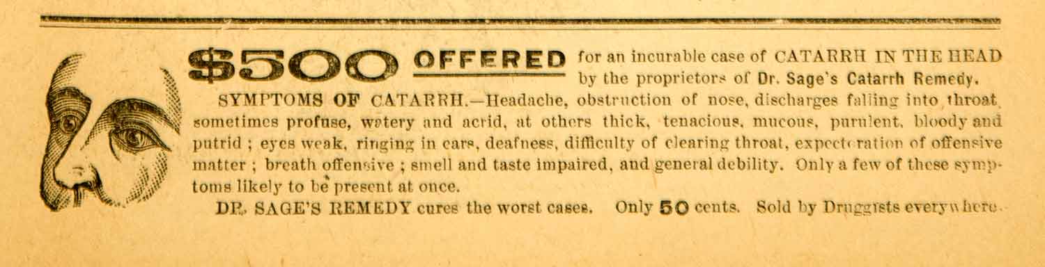 1890 Ad Dr Sage Catarrh Remedy Health Tonic Medicine Quackery Victorian Era AHM1