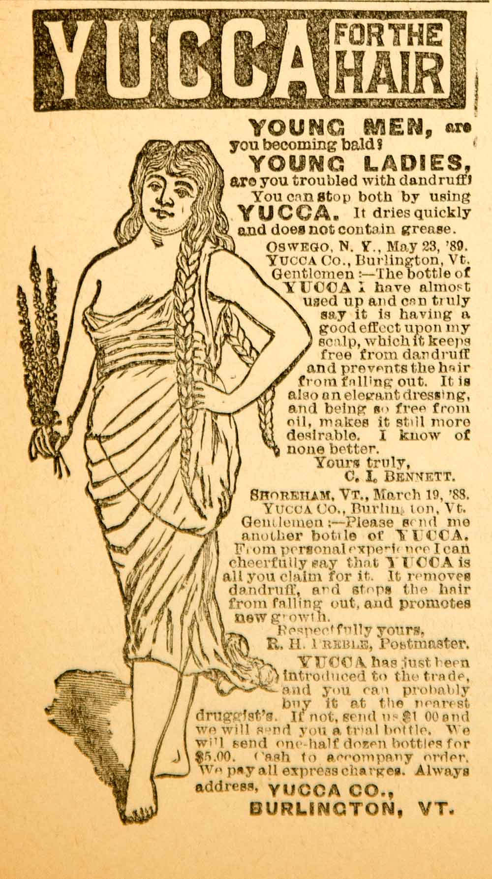 1890 Ad Yucca Hair Care Health Beauty CI Bennett RH Preble Burlington VT AHM1