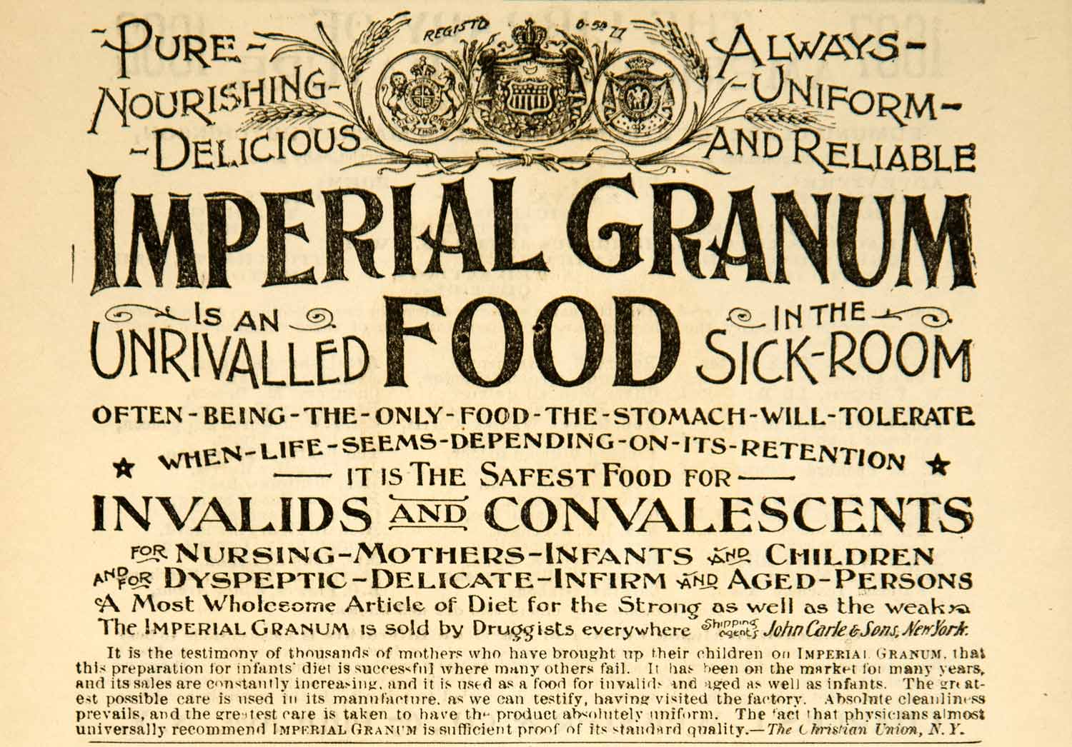 1892 Ad Imperial Granum Food John Carle Sons Victorian Era Christian Union AHM1