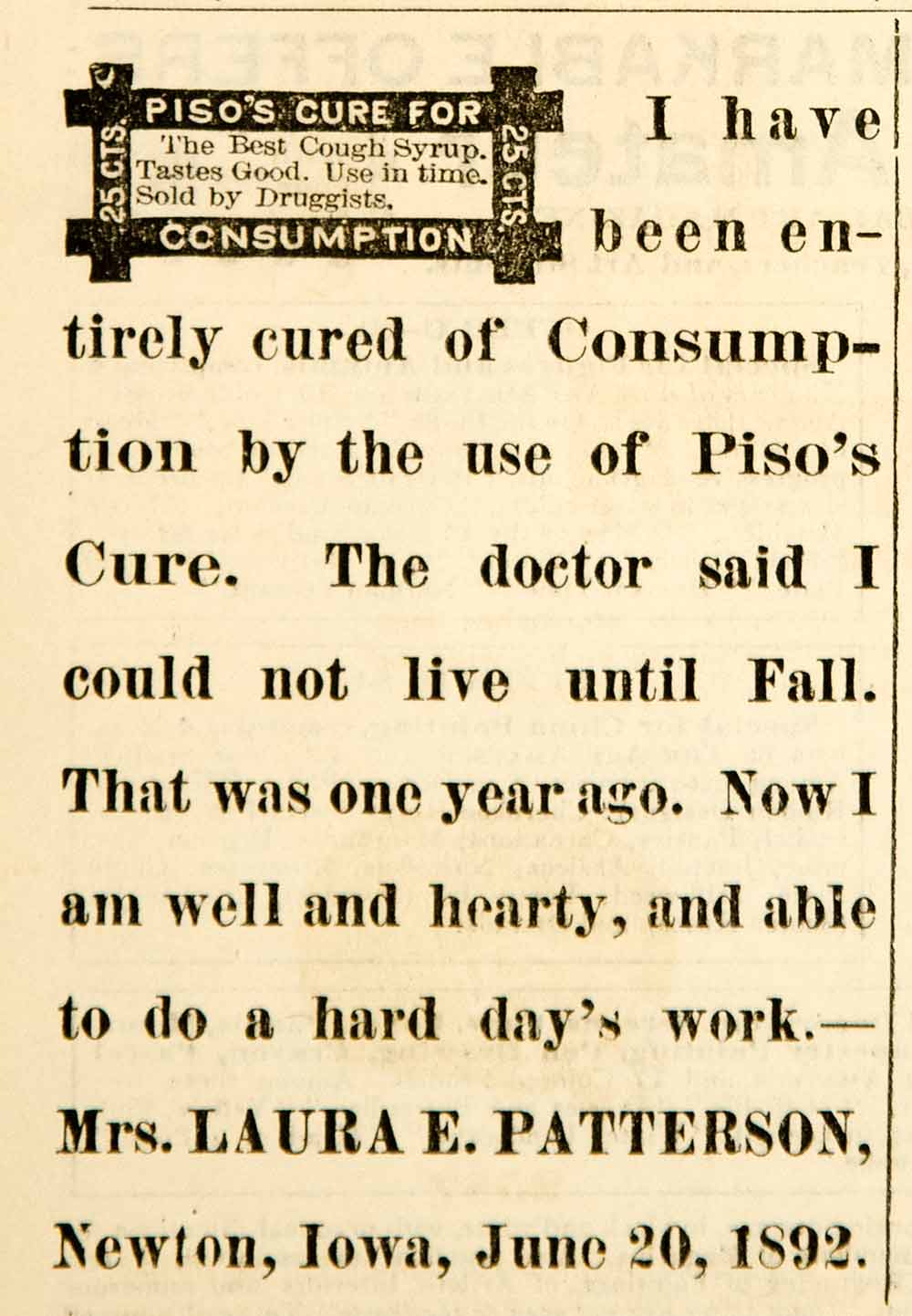 1892 Ad Pisos Cure Consumption Cough Syrup Medical Quackery Laura E AHM1