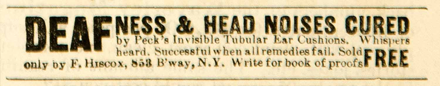 1892 Ad Pecks Invisible Tubular Ear Cushions Deafness Cure Quackery F AHM1