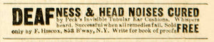 1892 Ad Pecks Invisible Tubular Ear Cushions Deafness Cure Quackery F AHM1