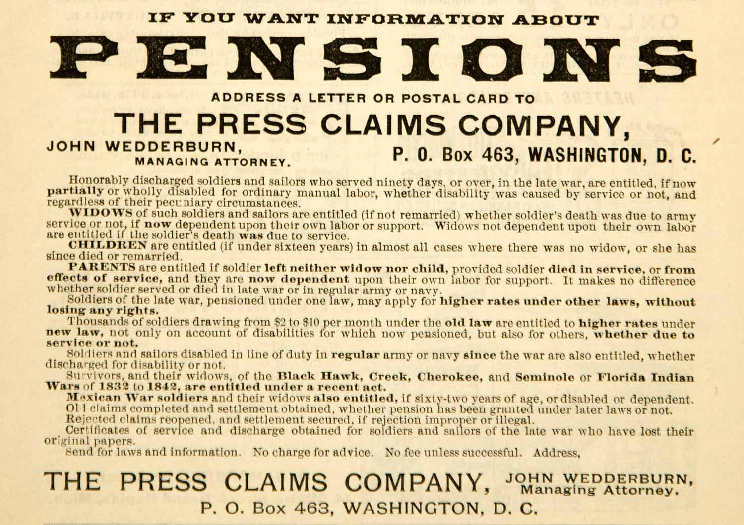 1892 Ad Press Claims Military Pensions John Wedderburn Finance Banking AHM1