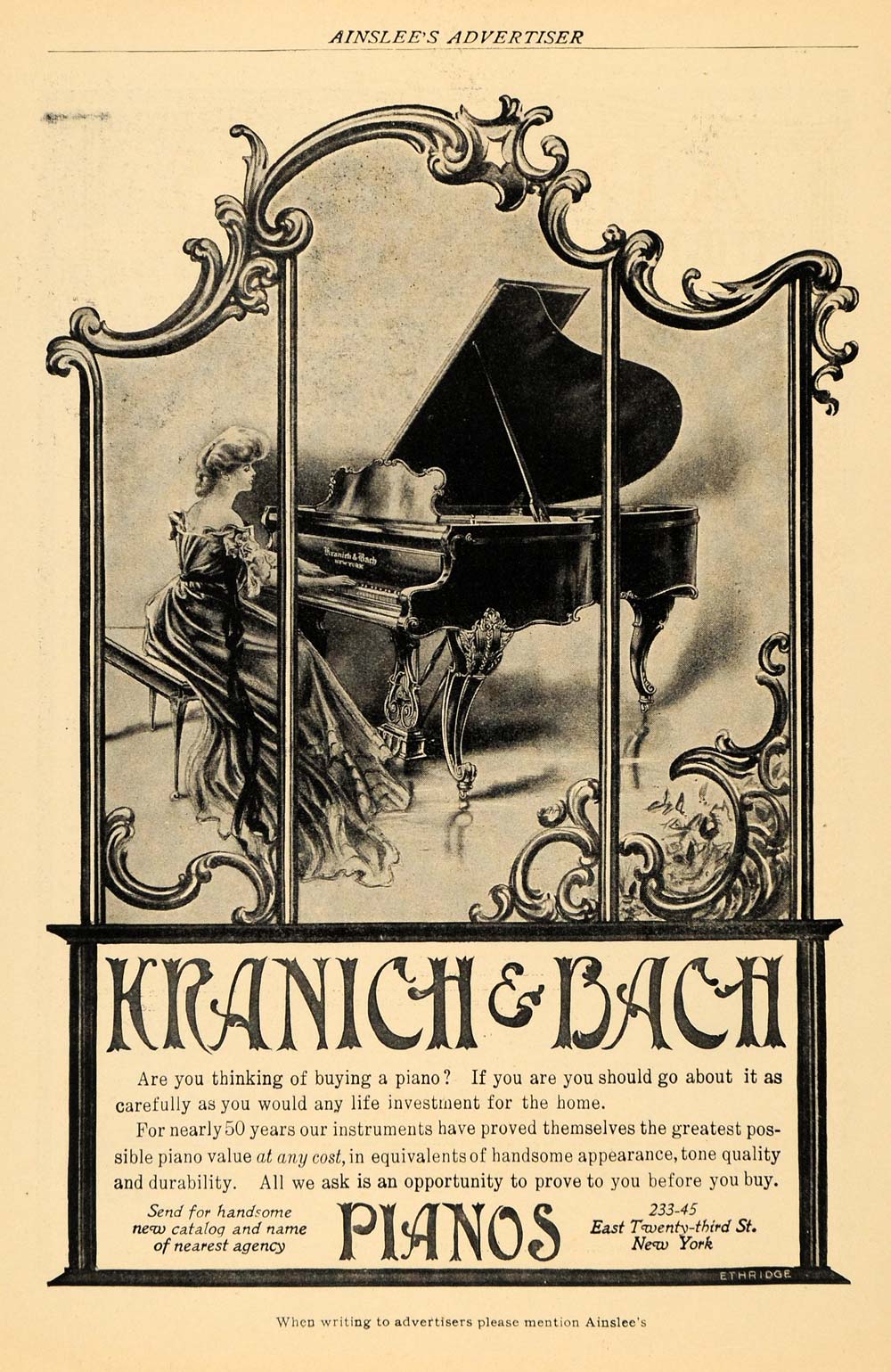 1907 Ad Kranich Bach Grand Pianos Ethridge Illustration Musical Instruments AIN1