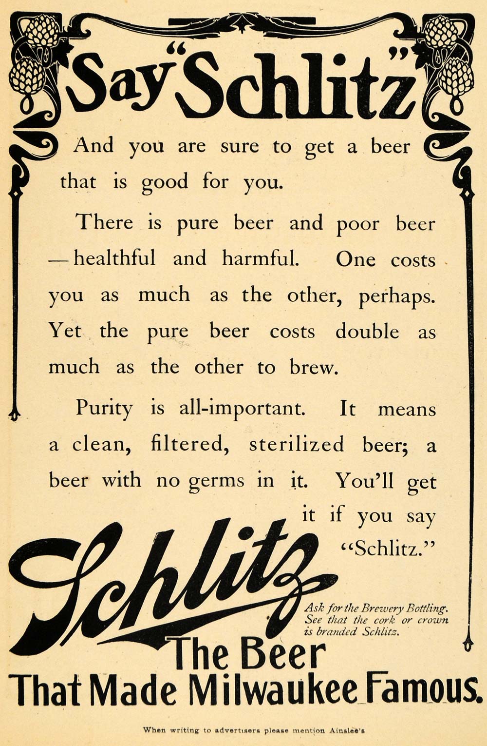 1907 Ad Healthy Sterilized Beer Say Schlitz Made Milwaukee Famous Alcohol AIN1