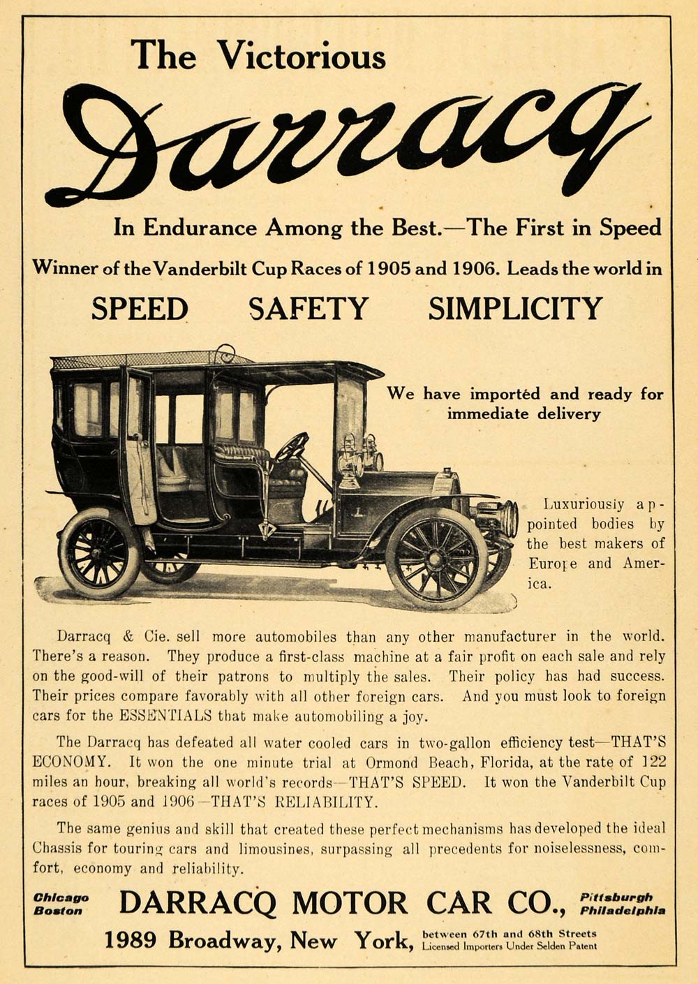 1907 Ad Winner Vanderbilt Cup Endurance Speed Race Antique Darracq Motor AIN1