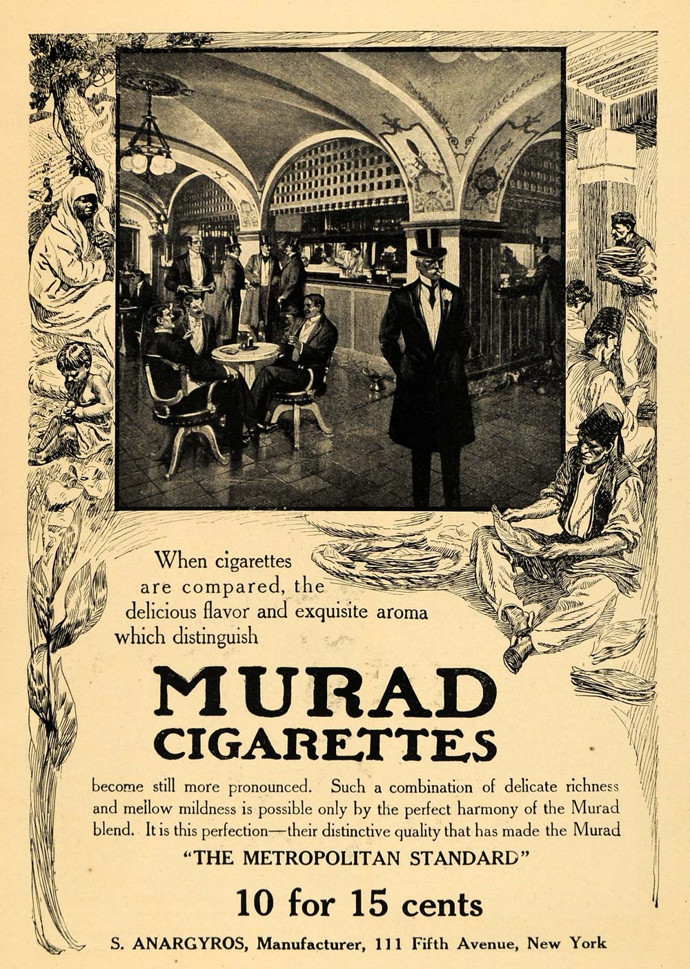 1907 Ad Detailed Illustration Murad Cigarette S. Anargyros Smoking Tobacco AIN1