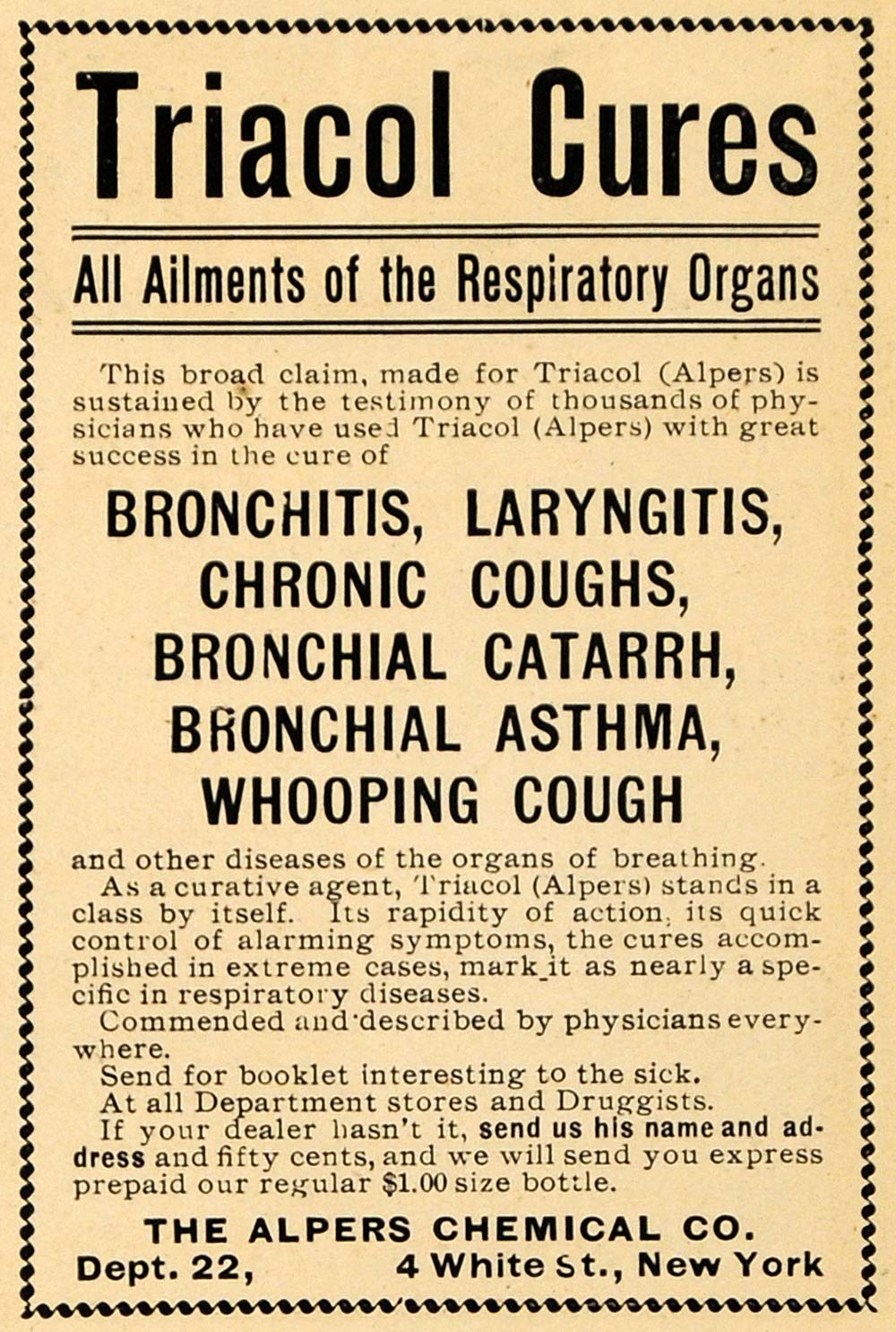 1907 Ad Triacol Cure Lung Alpers Chemical Respiratory Asthma Catarrh AIN1