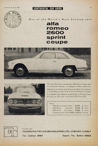 1962 Alfa Romeo 2600 Sprint Coupe Sports Car Prices Ad - ORIGINAL ALFAR