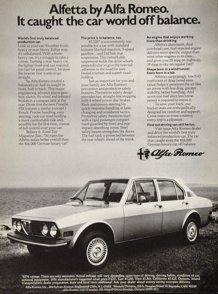 1976 Print Ad Alfa Romeo Alfetta Sedan Sports Automobile Ocean Shore A ...