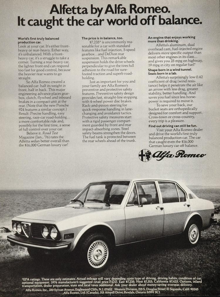 1976 Print Ad Alfa Romeo Alfetta Sedan Sports Automobile Ocean Shore ALFAR
