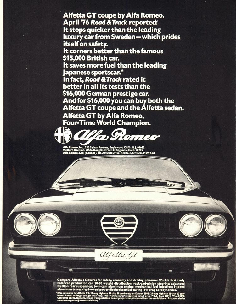 1976 Print Ad Alfa Romeo Alfetta GT Coupe Road & Track Issue Quad ALFAR