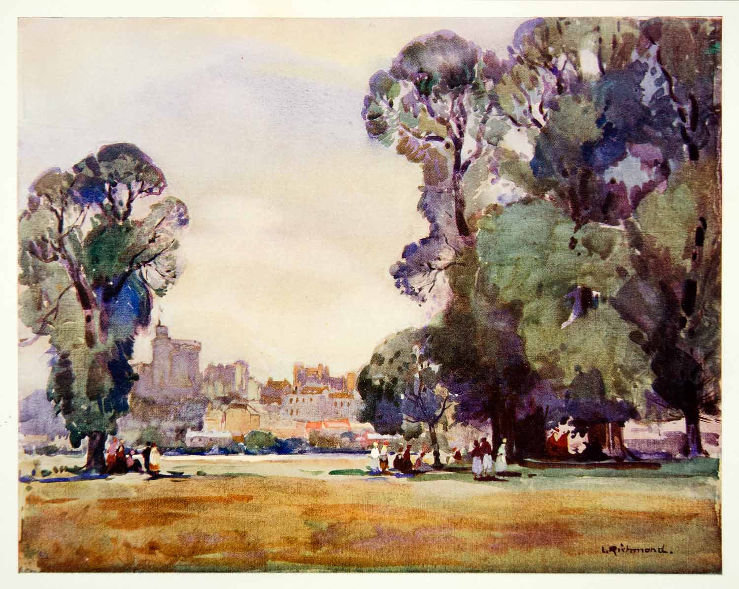 1928 Print Landscape Leonard Richmond Elm Trees Windsor England Watercolor ALP1