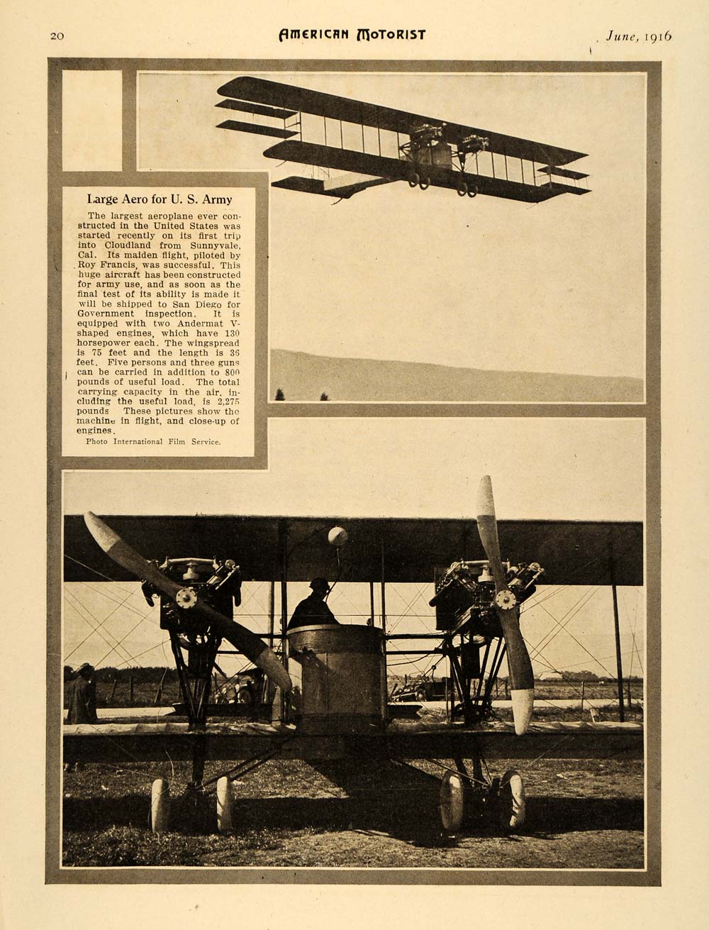 1916 Photogravure US Army Aeroplane Airplane Cloudland Sunnyvale Flight AM1