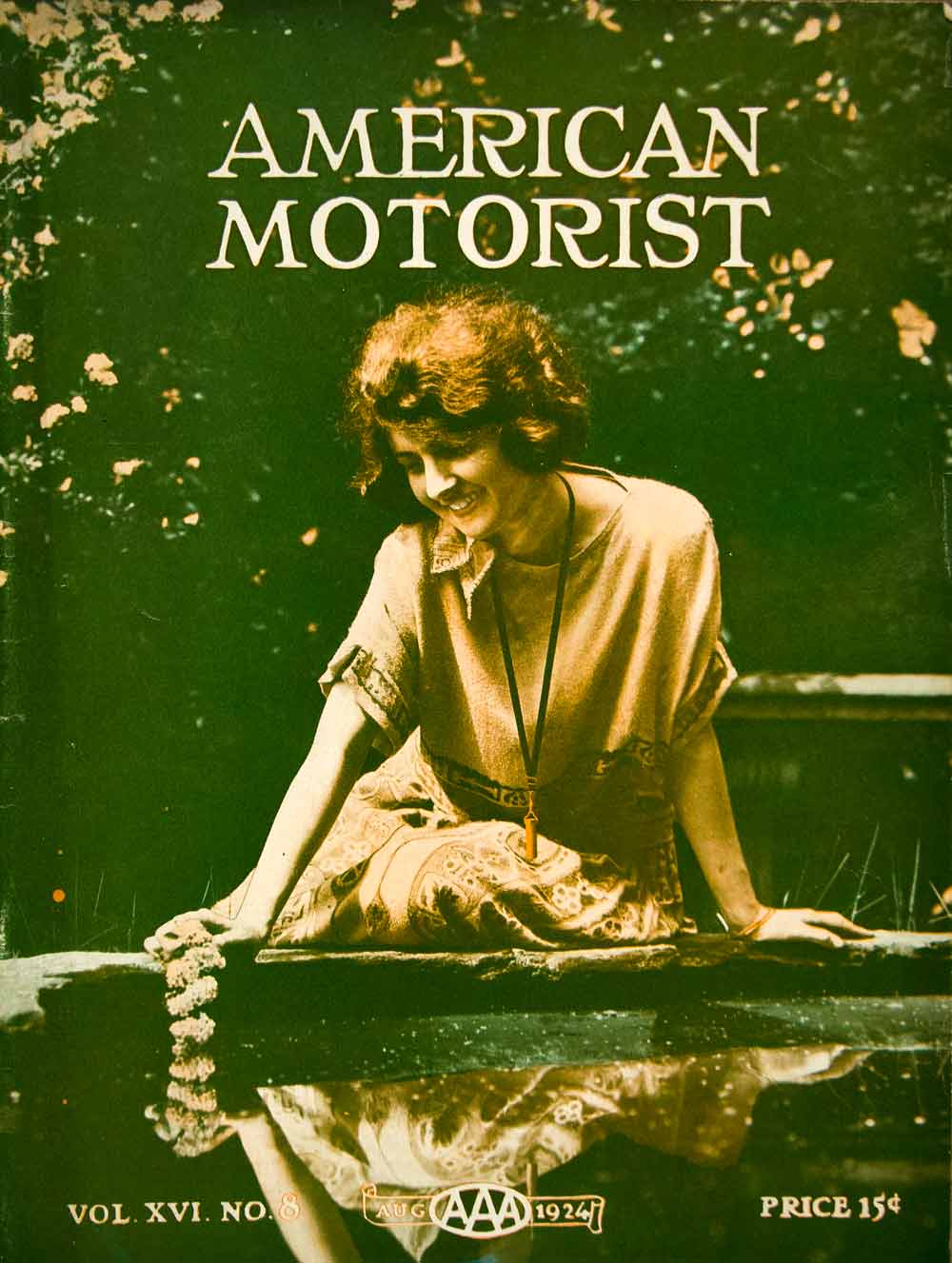 1924 Cover American Motorist August Woman Art Nouveau Lake Travel Portrait AM2