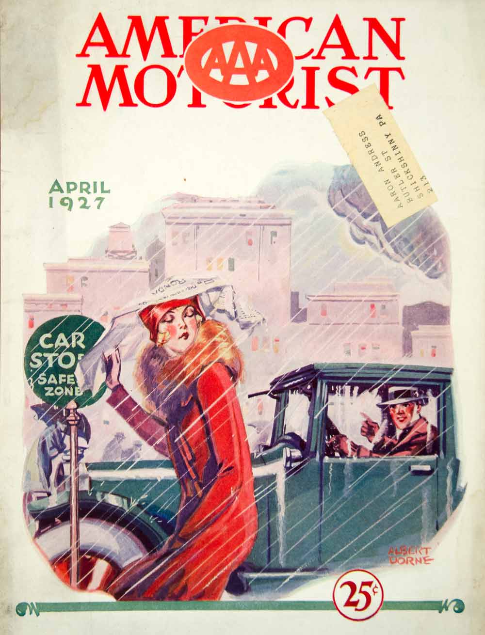 1927 Cover April American Motorist Rain Storm Drive Albert Dorne Woman AM2