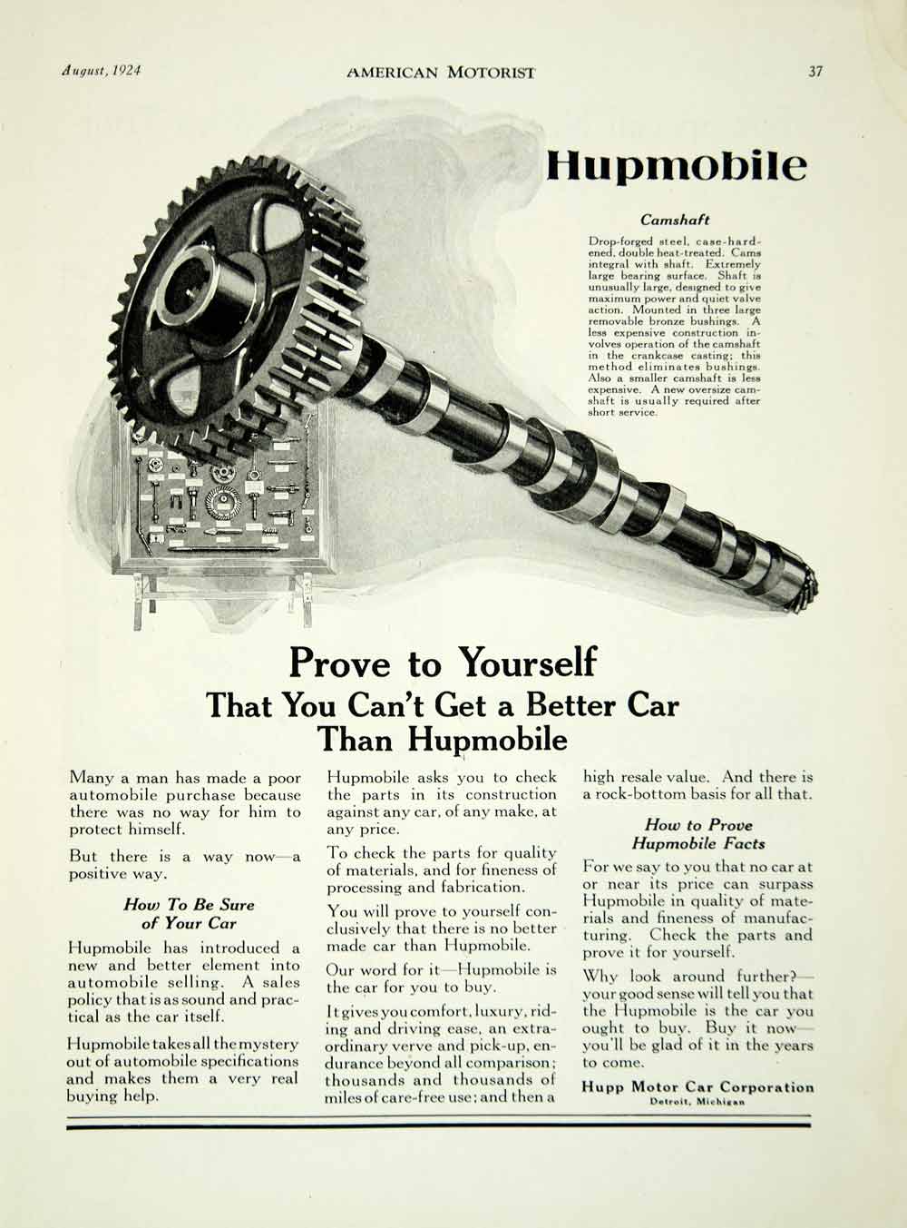 1924 Ad Hupp Motor Car Hupmobile Detroit Michigan Camshaft Part Car AM2