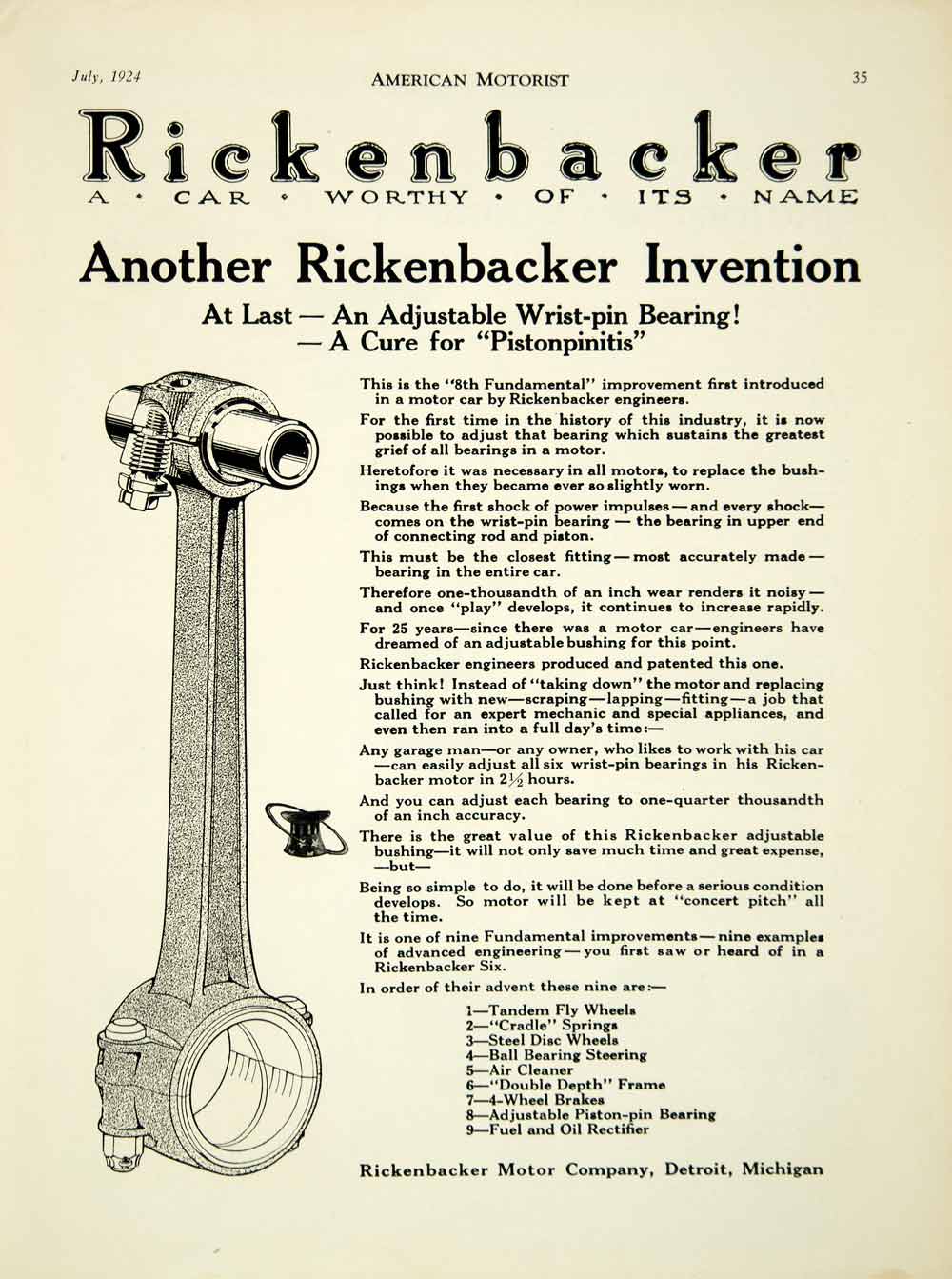 1924 Ad Rickenbacker Motor Company Detroit Michigan Parts Car Automobile AM2