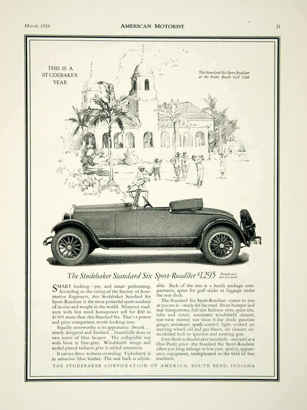 1926 Ad Studebaker Standard Six Sport Roadster South Bend Indiana Palm Beach AM2