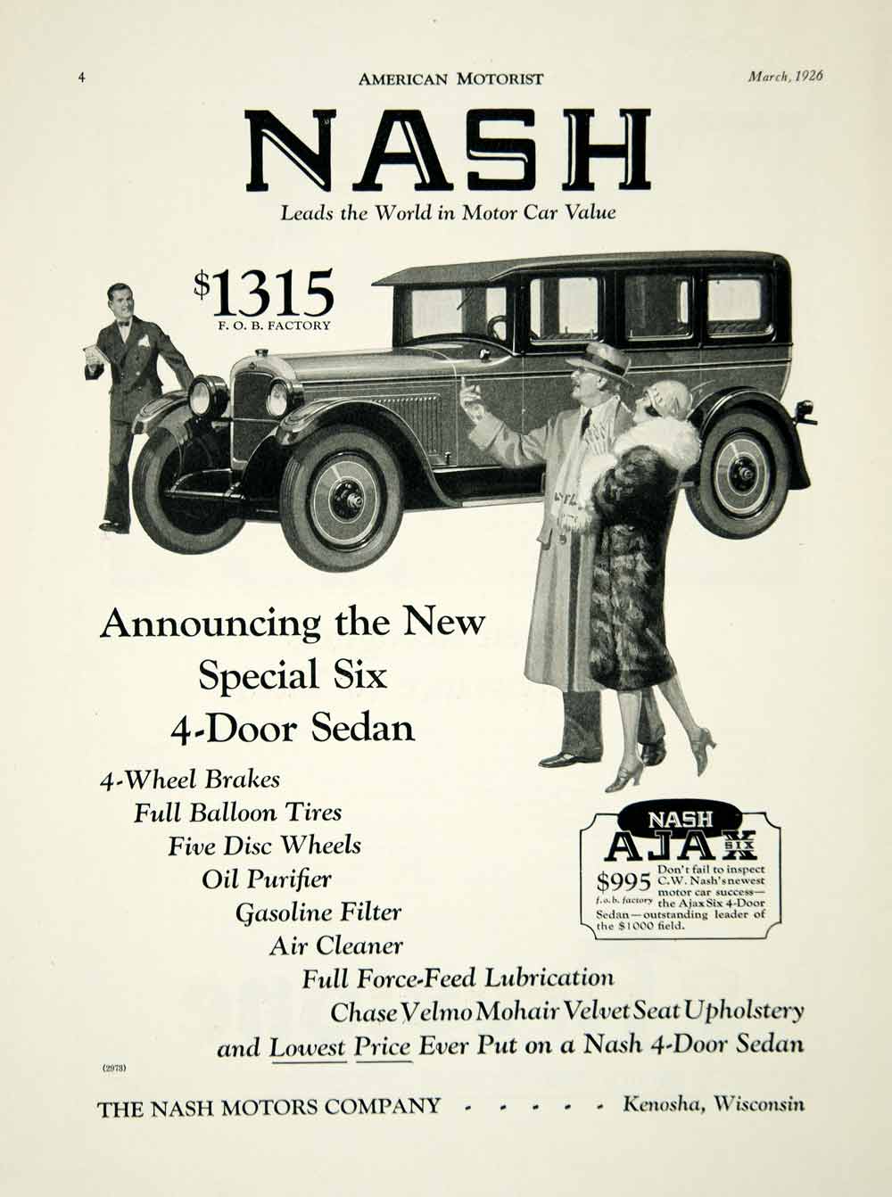 1926 Ad Nash Motors Company Kenosha Wisconsin Special Six Sedan Balloon AM2