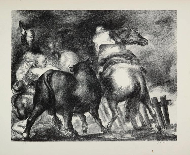 1939 Jon Corbino Escaped Bull Steer Horses Men Print - ORIGINAL HISTORIC AMER