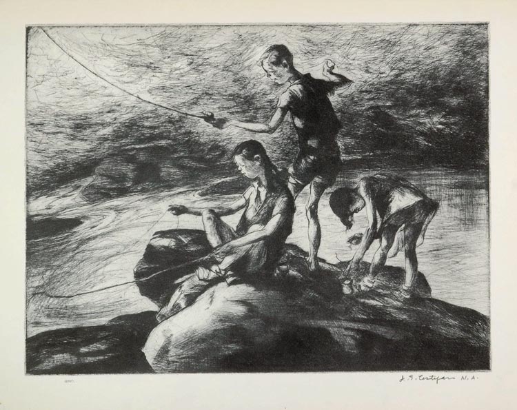 1939 Costigan Fishermen Three Children Fishing Print - ORIGINAL HISTORIC AMER