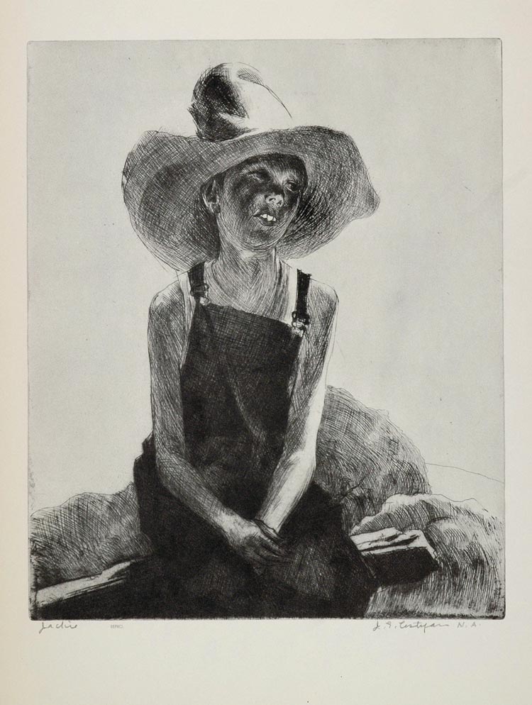 1939 Costigan Jackie Young Farm Boy Hat Overalls Print ORIGINAL HISTORIC AMER