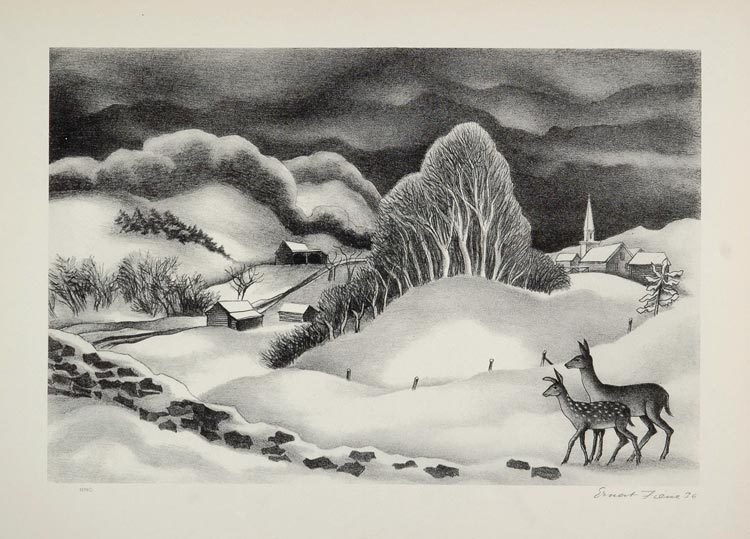 1939 Ernest Fiene Winter Evening Deer Snow Church Print ORIGINAL HISTORIC AMER