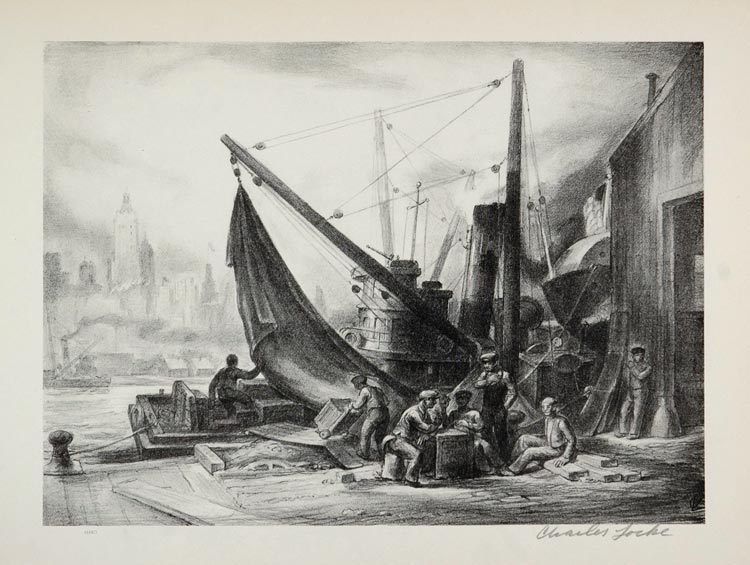 1939 Charles Locke Waterfront Men Dockyard Dock Print ORIGINAL HISTORIC AMER