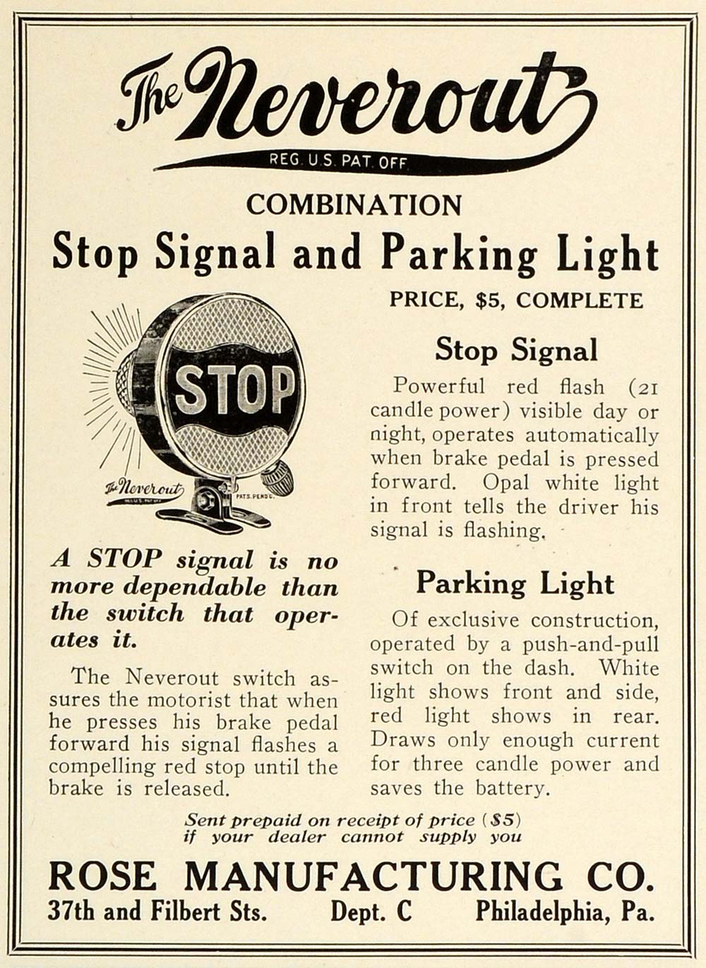 1922 Ad Rose Manufacturing Neverout Stop Signal Light Philadelphia AMM1