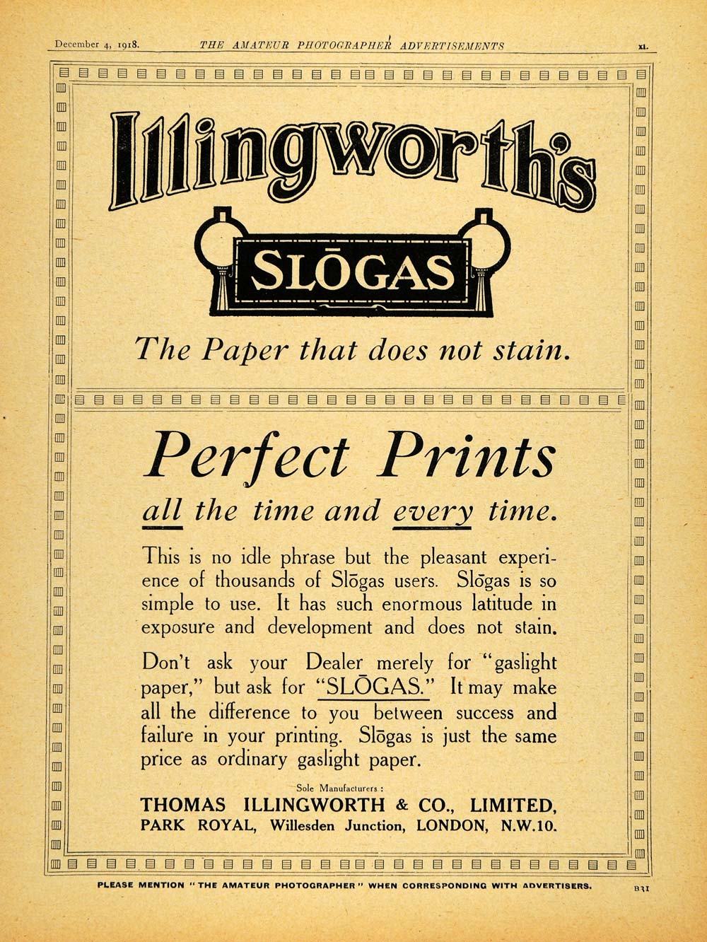 1918 Ad Gaslight Paper Slogas Thomas Illingworth Photograph Developing AMP1