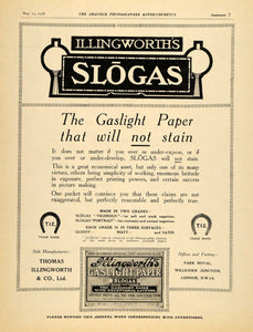 1918 Ad Gaslight Paper Willesden London Slogas Thomas Illingworth Company AMP1