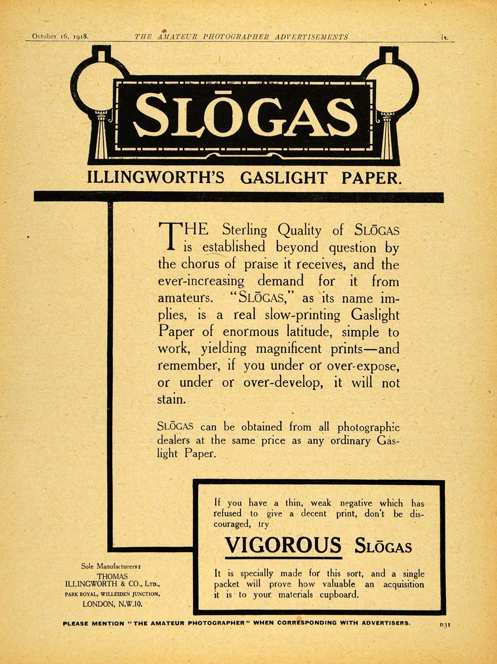 1918 Ad Print Park Royal Paper Slogas Tom Illingworth Photograph England AMP1