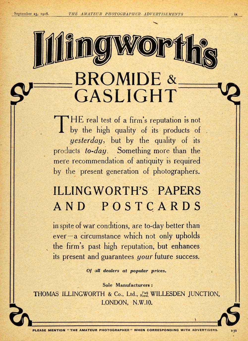 1918 Ad Gaslight Paper Postcards Bromide Thomas Illingworth Photograph AMP1