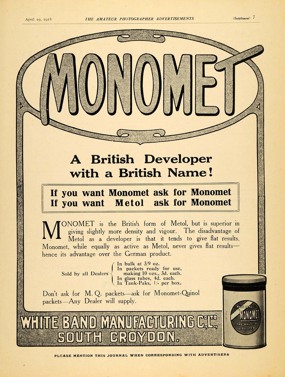 1918 Ad British Photograph Film Developer Monomet White Band South Croydon AMP1