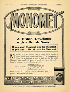 1918 Ad British Photograph Film Developer Monomet White Band South Croydon AMP1