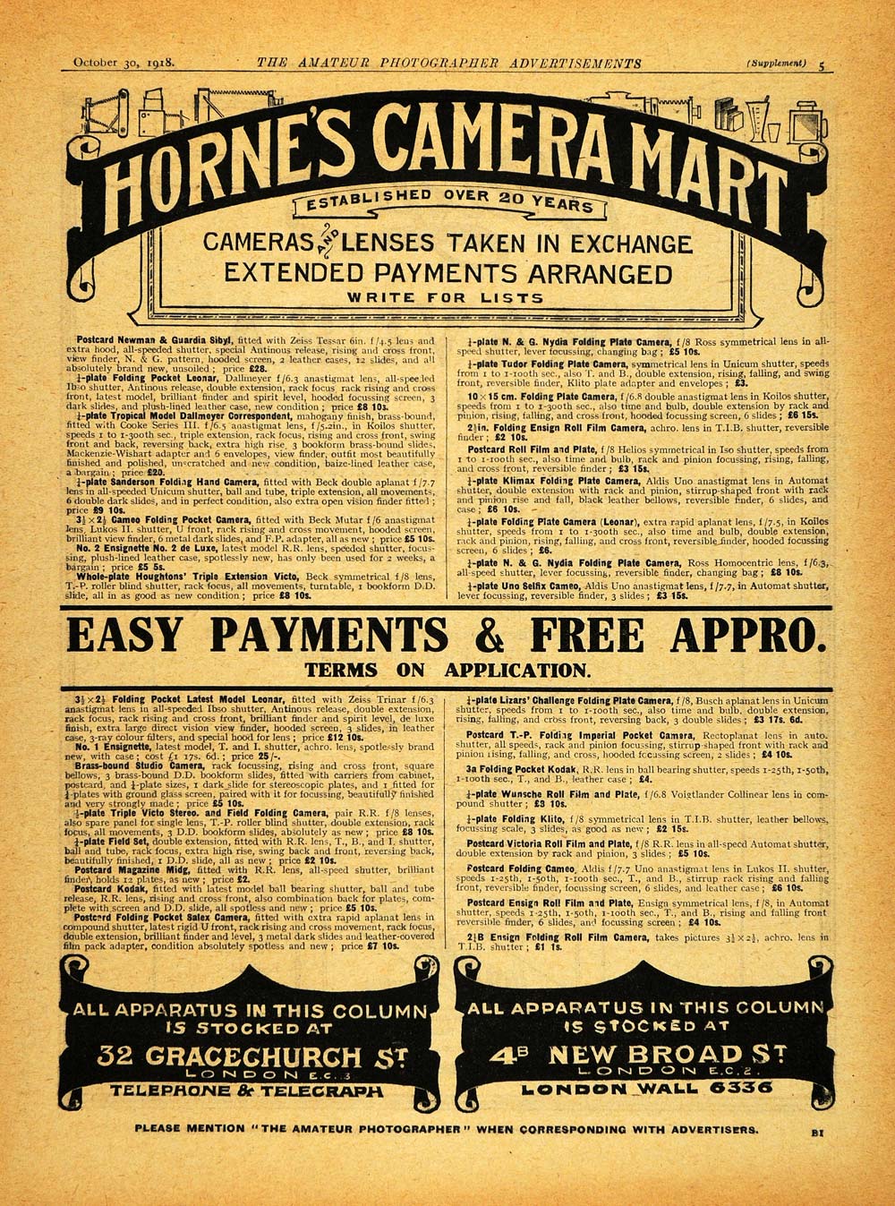 1918 Ad Hornes Camera Mart Photography Supplies Materials Lenses London AMP1