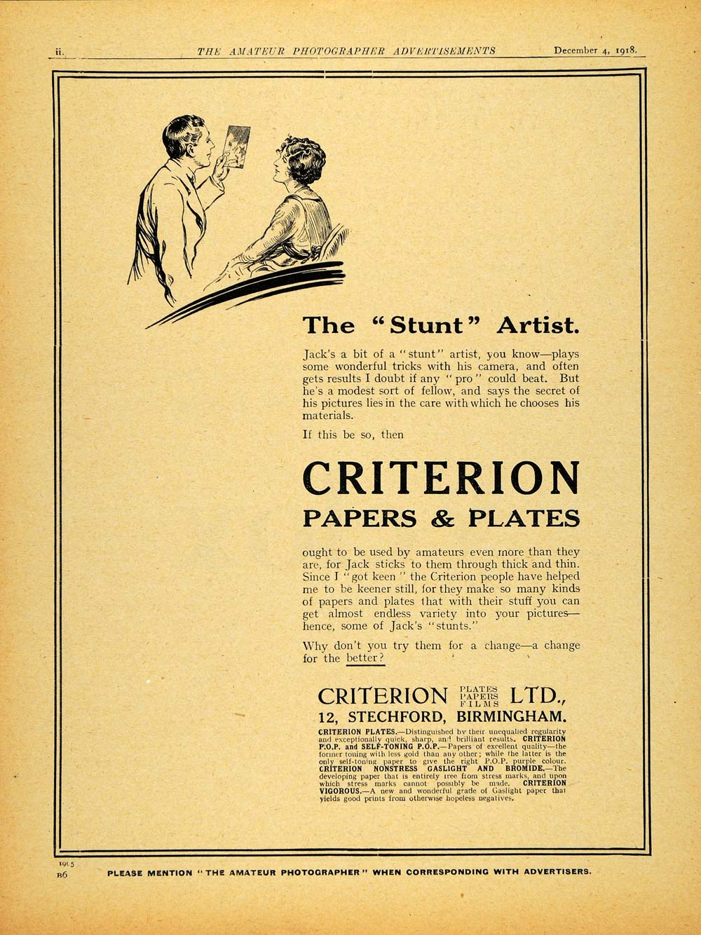 1918 Ad Stunt Artist Jack Criterion Paper Plate Film Camera Supplies AMP1
