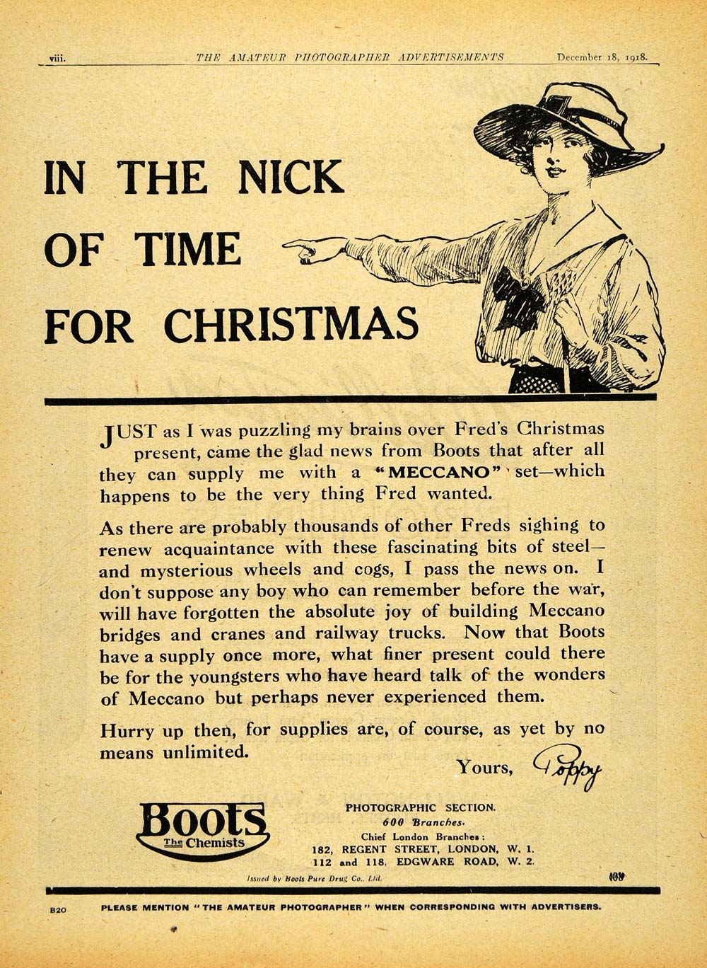 1918 Ad Fred Christmas Poppy Letter Meccano Boots Chemist Camera AMP1