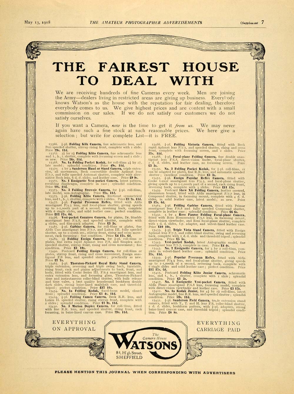 1918 Ad Watsons Camera House Photography Film Developing Supplies Sheffield AMP1